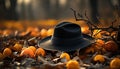 Autumn leaves adorn the pumpkin, nature Halloween decoration generative AI