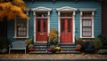 Autumn leaves adorn the rustic cottage green facade, welcoming home generated by AI