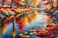 Autumn Leaves Adrift on a Gentle Stream: Reflections of Amber and Crimson Under a Clear Azure Sky