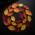 Autumn leaves arranged in a circular pattern on a dark surface Royalty Free Stock Photo