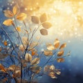 Autumn leaves background in gold and blue color artistic view