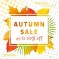 Autumn leaves background vector illustration, cartoon flat autumn sale lettering poster, special offer web banner or