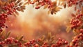 Autumn leaves and berries decorate beautiful natural bokeh background, panorama wide format