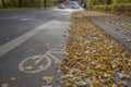 Autumn leaves on bike path with symbol on asphalt