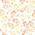 Autumn leaves and birds. Watercolor naive seamless pattern Royalty Free Stock Photo