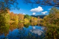 Autumn Leaves and Blue Sky Reflected in Water Near Aberfoyle in Royalty Free Stock Photo