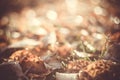 Autumn leaves with blurred trees . Fall blurry background Royalty Free Stock Photo