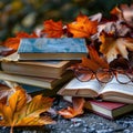 Autumn leaves and books stack with glasses Royalty Free Stock Photo