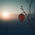 Autumn leaves on a branch covered with frost at sunrise, beautiful winter morning wallpaper background, generative ai Royalty Free Stock Photo