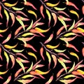 Autumn leaves on branches. Abstract floral seamless pattern, water color on black background Royalty Free Stock Photo