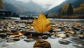 Autumn leaves cascade gently onto the serene lake, surrounded by a breathtaking landscape of mountains, trees