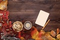 Autumn leaves, cookies, tea and greeting card on wooden background Royalty Free Stock Photo