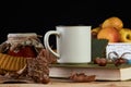 Autumn leaves, cup of coffee, warm scarf, fruits basket Royalty Free Stock Photo