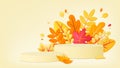 Autumn leaves 3d empty podium background. Fall welcome, decorative trendy banner for sale, thanksgiving day or harvest
