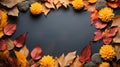 Autumn leaves on dark background, top view. Space for text