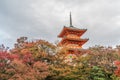 Autumn leaves Fall foliage colors of trees near Sanjunotou Three Store Pagoda at Kiyomizu-dera Temple Complex. Kyoto, Japan. Royalty Free Stock Photo