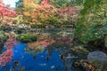 Autumn leaves Fall foliage and sky reflections at Tenjuan Temple pond Garden. Royalty Free Stock Photo