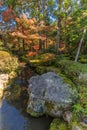 Autumn leaves Fall foliage and sky reflections at Tenjuan Temple pond Garden. Royalty Free Stock Photo