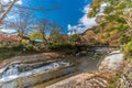 Autumn leaves, Fall foliage and Takano River cristaline water near Yase-Heizan Guchi Station at Kamitakano HIgashiyama