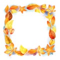 Autumn Leaves Fall Frame Template Watercolor Illustration Isolated Orange Leaf Border. Watercolor stains. Template for DIY project