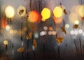 Autumn leaves fall sidewalk rainy weather city evening light reflection on old pavement rain drops on window city light bl