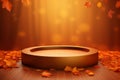 Autumn leaves fall on a wooden table around round podium and beautiful bokeh background design for gift showcase clearance sale in Royalty Free Stock Photo