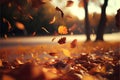 Autumn leaves falling on the ground in the park. Fall background Royalty Free Stock Photo