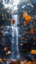 Autumn leaves falling near a waterfall