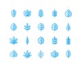 Autumn leaves flat line icons. Leaf types, rowan, birch tree, maple, chestnut, oak, cedar pine, linden,guelder rose Thin