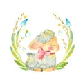 Cute lamb with pink bow and flower wreath. Easter or children`s themed birthday card template with a sheep and spring flowers. Royalty Free Stock Photo