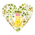 Cute yellow watering can, garden tools and leaves heart shaped watercolor frame. Spring watercolor drawing.