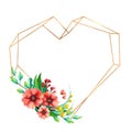 Empty golden heart shape frame with bright spring flowers. Botanical composition hand drawn illustration. Wedding invitation.