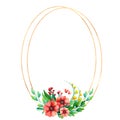 Empty golden oval frame with bright spring flowers. Botanical composition hand drawn illustration
