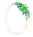 Empty golden oval frame with tropical leaves. Wedding invitation.