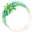 Empty golden round frame with tropical leaves..Jungle composition hand drawn illustration.