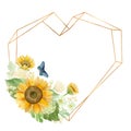 Gold frame heart with sunflowers, white roses and butterflies.