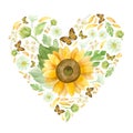 Heart with sunflowers, white roses and butterflies. Template for a wedding invitation,