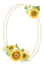 Oval gold frame with sunflowers, white roses and butterflies. Royalty Free Stock Photo