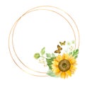 Round gold frame with sunflowers, white roses and butterflies. Royalty Free Stock Photo