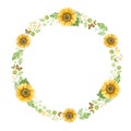 Wreath with sunflowers, white roses and butterflies. Template for a wedding invitation