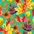 Autumn leaves and flowers watercolor seamless pattern