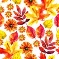 Autumn leaves and flowers watercolor seamless pattern