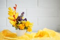 Autumn leaves and flowers on a wooden table. Autumn background with copy space. Autumn still life.