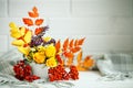 Autumn leaves and flowers on a wooden table. Autumn background with copy space. Autumn still life.