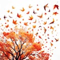 autumn leaves flying falling like brids isolated - ai generated Royalty Free Stock Photo