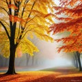 Autumn leaves flying in ther in a foggy