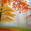 Autumn leaves flying in ther in a foggy