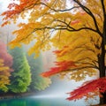 Autumn leaves flying in ther in a foggy