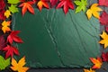 autumn leaves frame, Autumn background with colored red leaves on green slate background. Top view, copy space, Generative AI