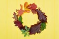 Autumn leaves frame wreath and fall elements with place for your text on yellow background. Decor for Thanksgiving day Royalty Free Stock Photo